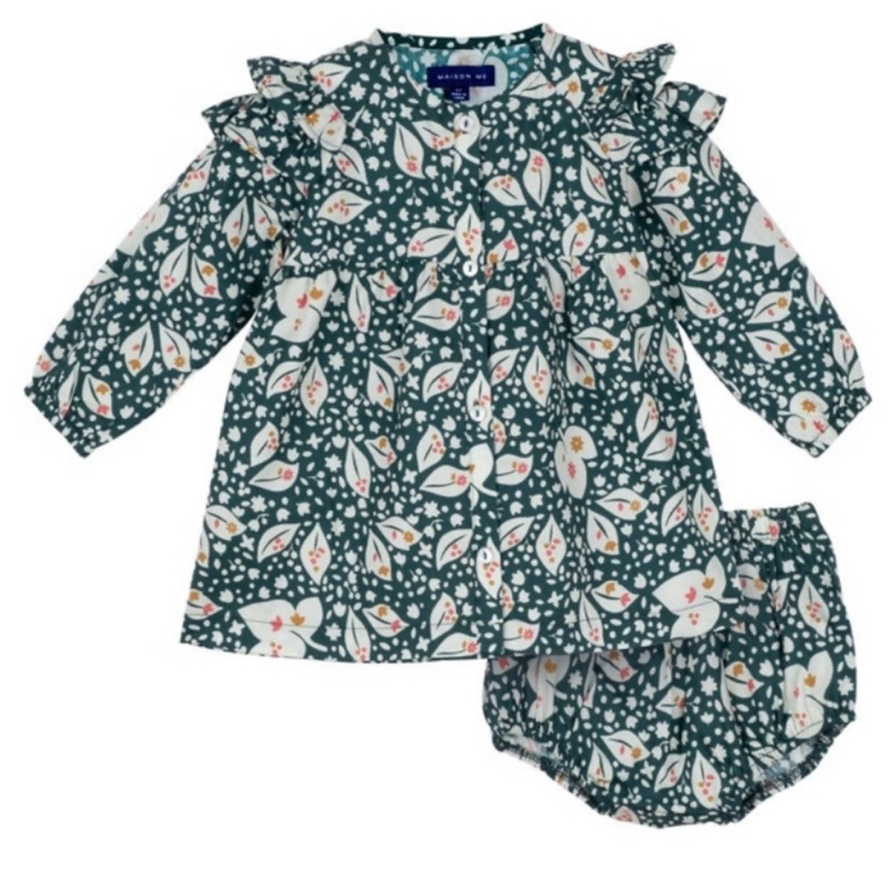 Maison Me Leaves and Ivory Dress and Bloomers Set, 6-12 M